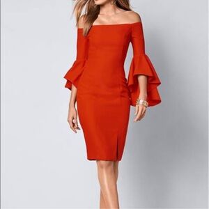 Venus Tangerine Orange Bell Sleeve Off Shoulder Sheath Cocktail Dress Size 12